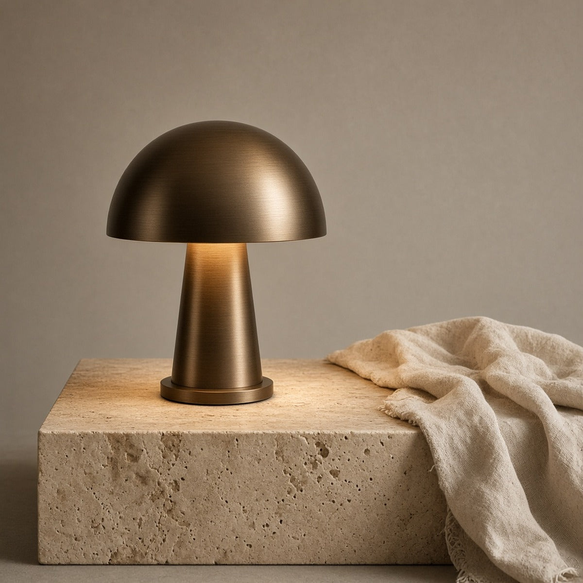 Aetheris Atelier Cordless Anodized-Bronze Mushroom Dome Architectural Nightstand Lamp with downward glare-free reflection on travertine
