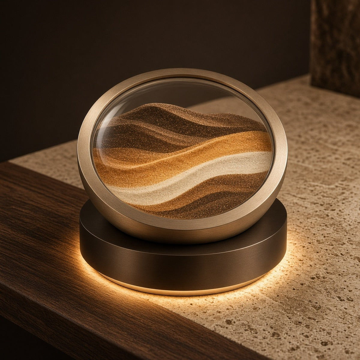 Aetheris Atelier 360-degree rotating Kinetic Sandscape and Brushed-Bronze Illuminated Horizon Sculpture on travertine pedestal