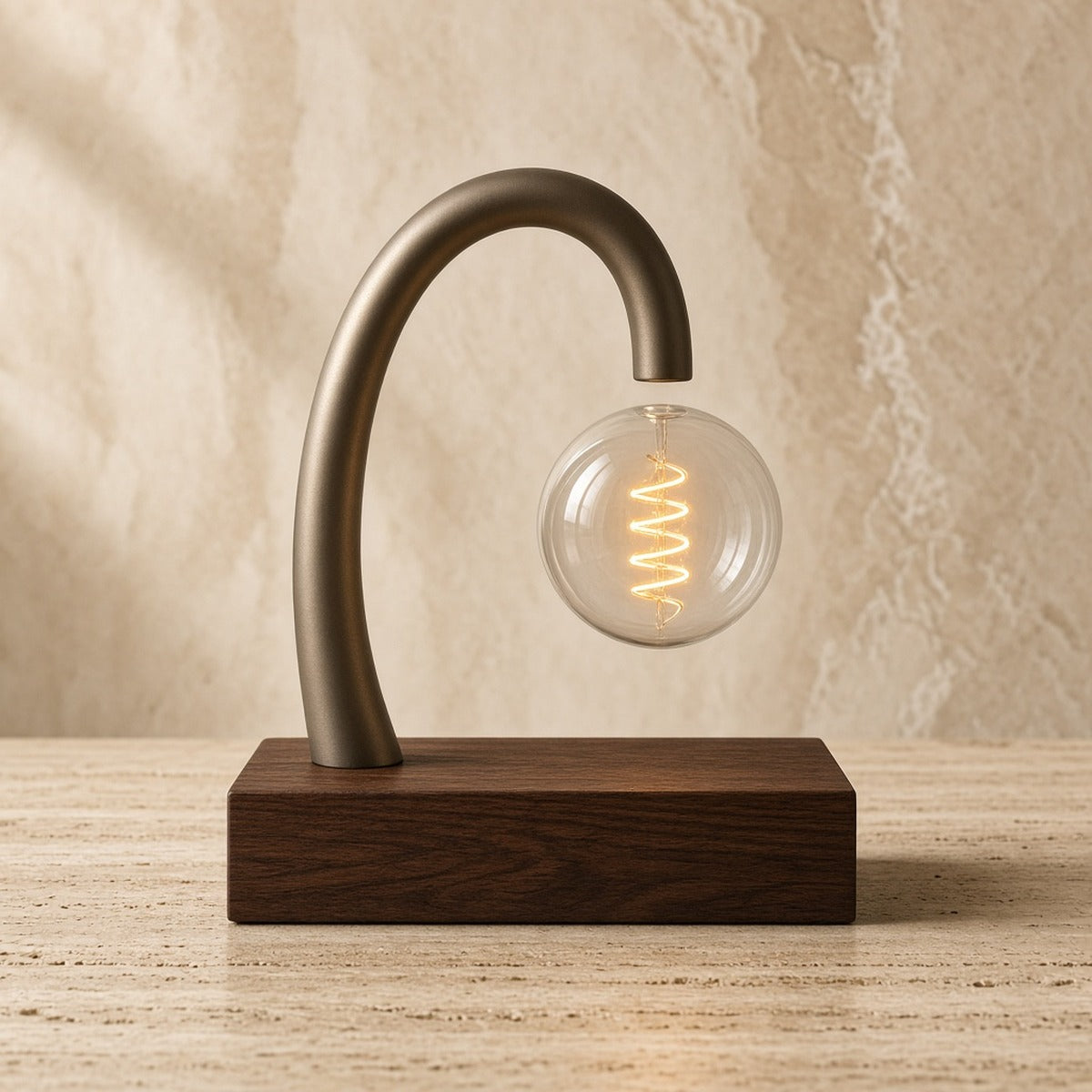 Aetheris Atelier Magnetic Levitating Walnut and Warm-Filament Architectural Desk Lamp suspended in mid-air above solid walnut pedestal on travertine stone