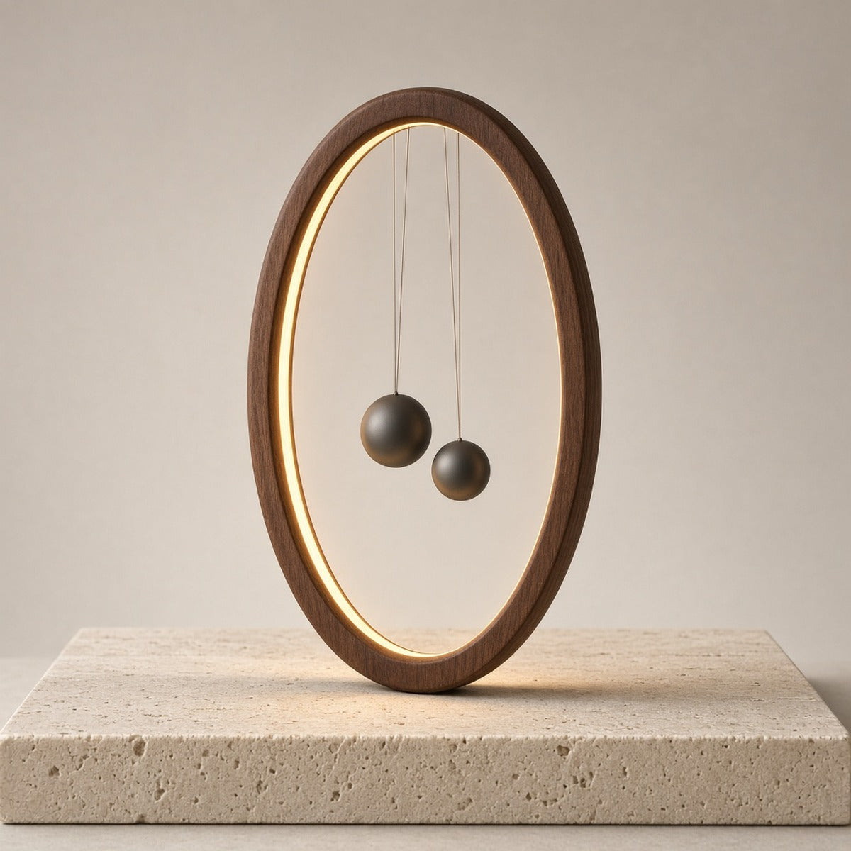 Aetheris Atelier Floating Magnetic Balance Warm-LED Oval Walnut Sculpture Lamp with twin suspended magnetic spheres in mid-air