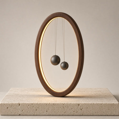 Aetheris Atelier Floating Magnetic Balance Warm-LED Oval Walnut Sculpture Lamp with twin suspended magnetic spheres in mid-air