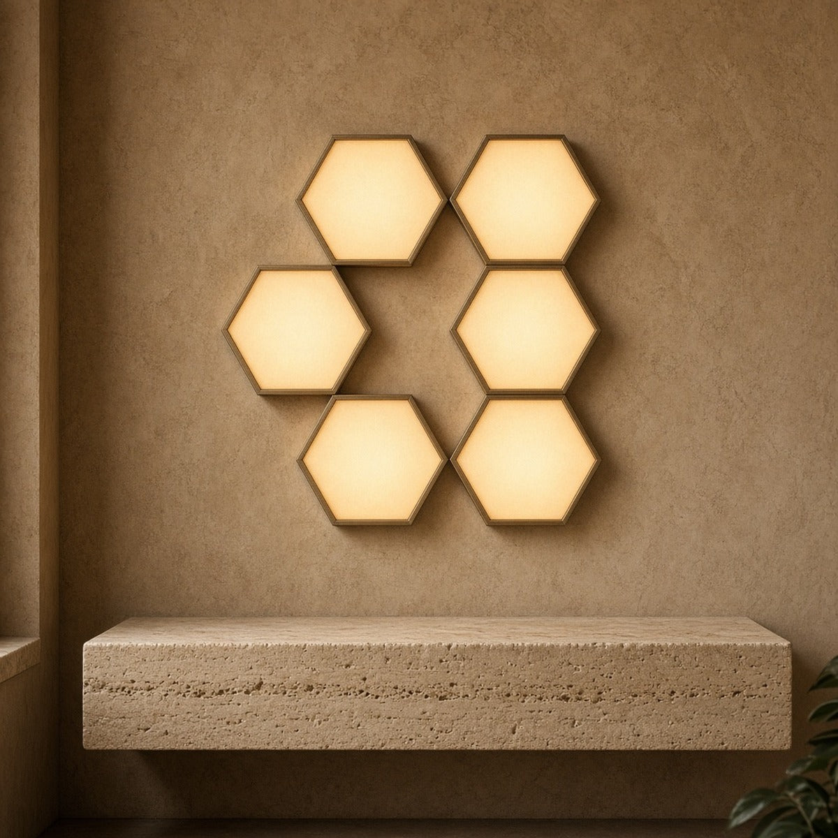 Aetheris Atelier Modular Hexagonal Touch-Sensitive Warm-Wall Architectural Light Panels arranged on minimalist limestone wall