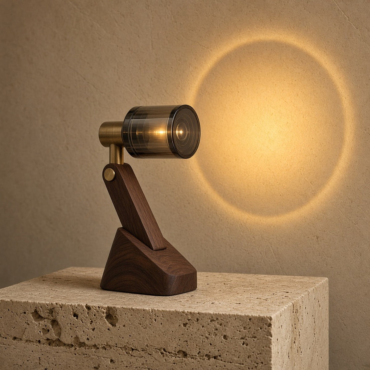 Aetheris Atelier Solid Walnut and Smoked-Glass Optical Sunset Halo Projection Lamp casting warm golden horizon circle on plaster wall