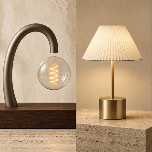 The Executive Study Duo — Magnetic Levitating Walnut Desk Lamp and Cordless Brushed-Brass Pleated Table Lamp side-by-side studio diptych