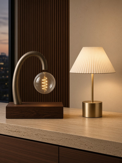 The Executive Study Duo — Levitating Walnut Desk Lamp and Cordless Pleated Brass Lamp on travertine desk at twilight