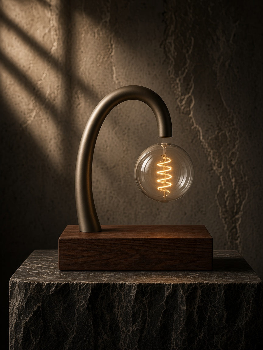 Aetheris Atelier Magnetic Levitating Walnut Desk Lamp chiaroscuro gallery pedestal lighting study