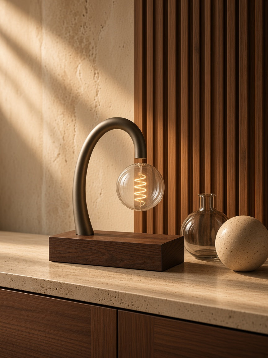 Aetheris Atelier Magnetic Levitating Walnut Desk Lamp on honed Roman travertine credenza with walnut slat millwork