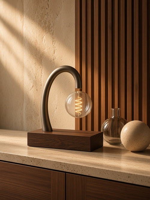 Aetheris Atelier Magnetic Levitating Walnut Desk Lamp on honed Roman travertine credenza with walnut slat millwork