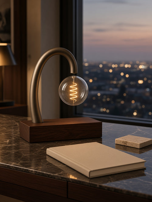 Aetheris Atelier Magnetic Levitating Walnut Desk Lamp in a twilight penthouse sanctuary on marble desk