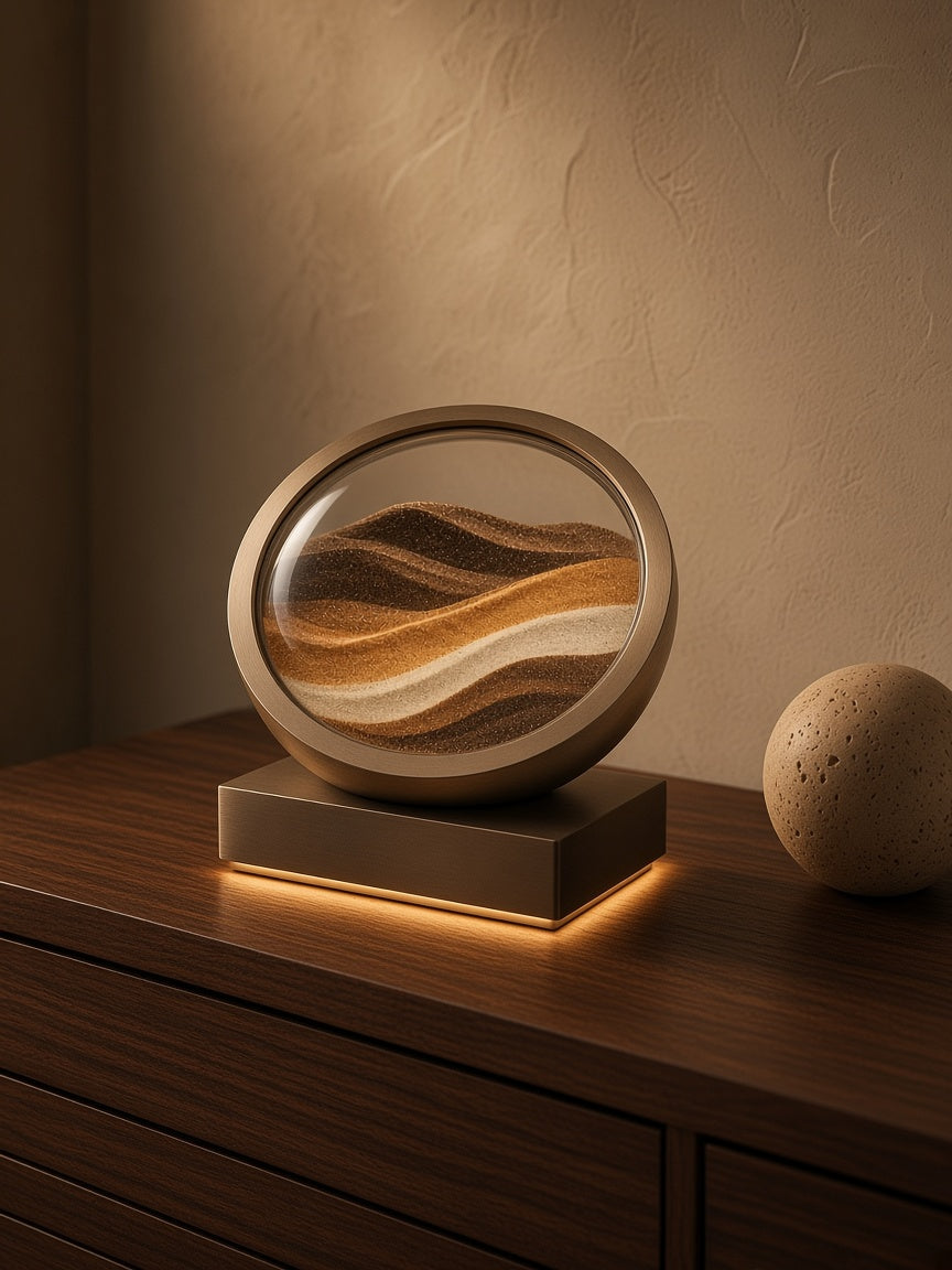 Aetheris Atelier Kinetic Sandscape Brushed-Bronze Horizon Sculpture on American walnut credenza