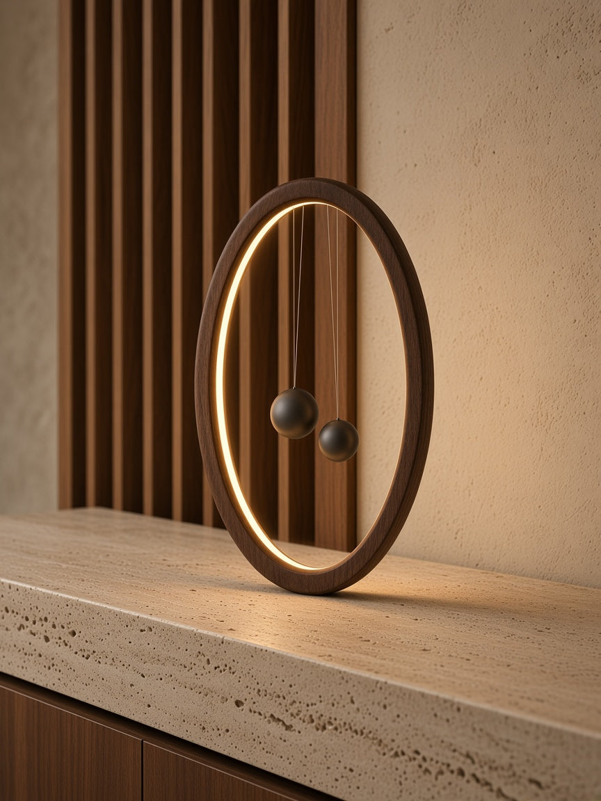 Aetheris Atelier Magnetic-Balance Oval Walnut Sculpture Lamp on travertine credenza with walnut timber slats